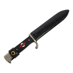 WWII German Third Reich Hitler Youth knife, the 13cm blade marked RZM M7/13, chequered black grip with inset enamel diamond shaped insignia, with scabbard and leather frog, overall L25cm