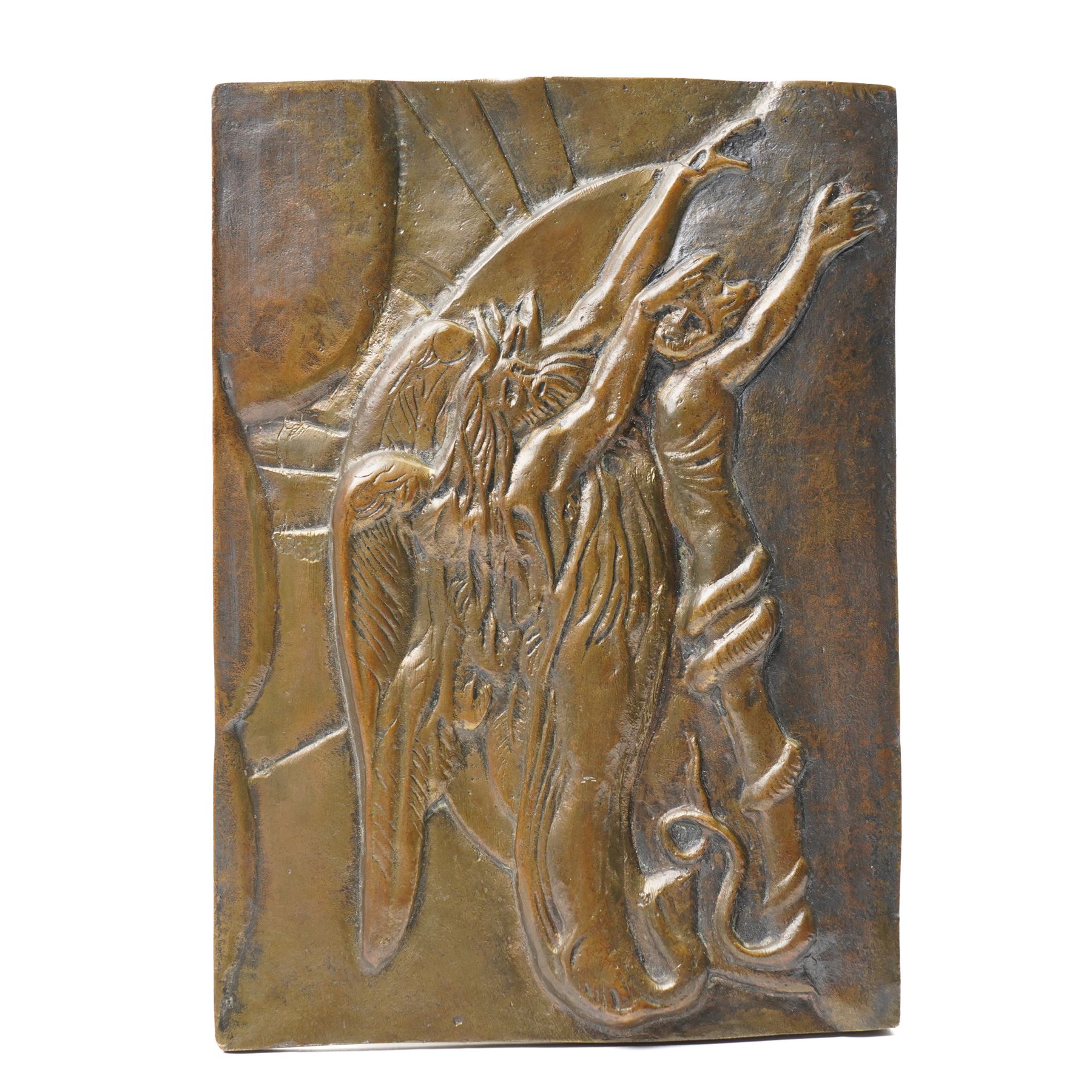 After William Blake - Bronze plaque 'Elohim creating Adam' the reverse marked 'Spencer. S Mint' and 'William Blake' 13.5cm x 19cm