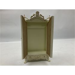 Collection of miniature dolls house furniture, to include five drawer chest painted with blossom, cream and gilt double door mirrored wardrobe, four piece lacquered style desk set, three piece suite, writing desk, wash stand, Knoll style sofa etc (14)