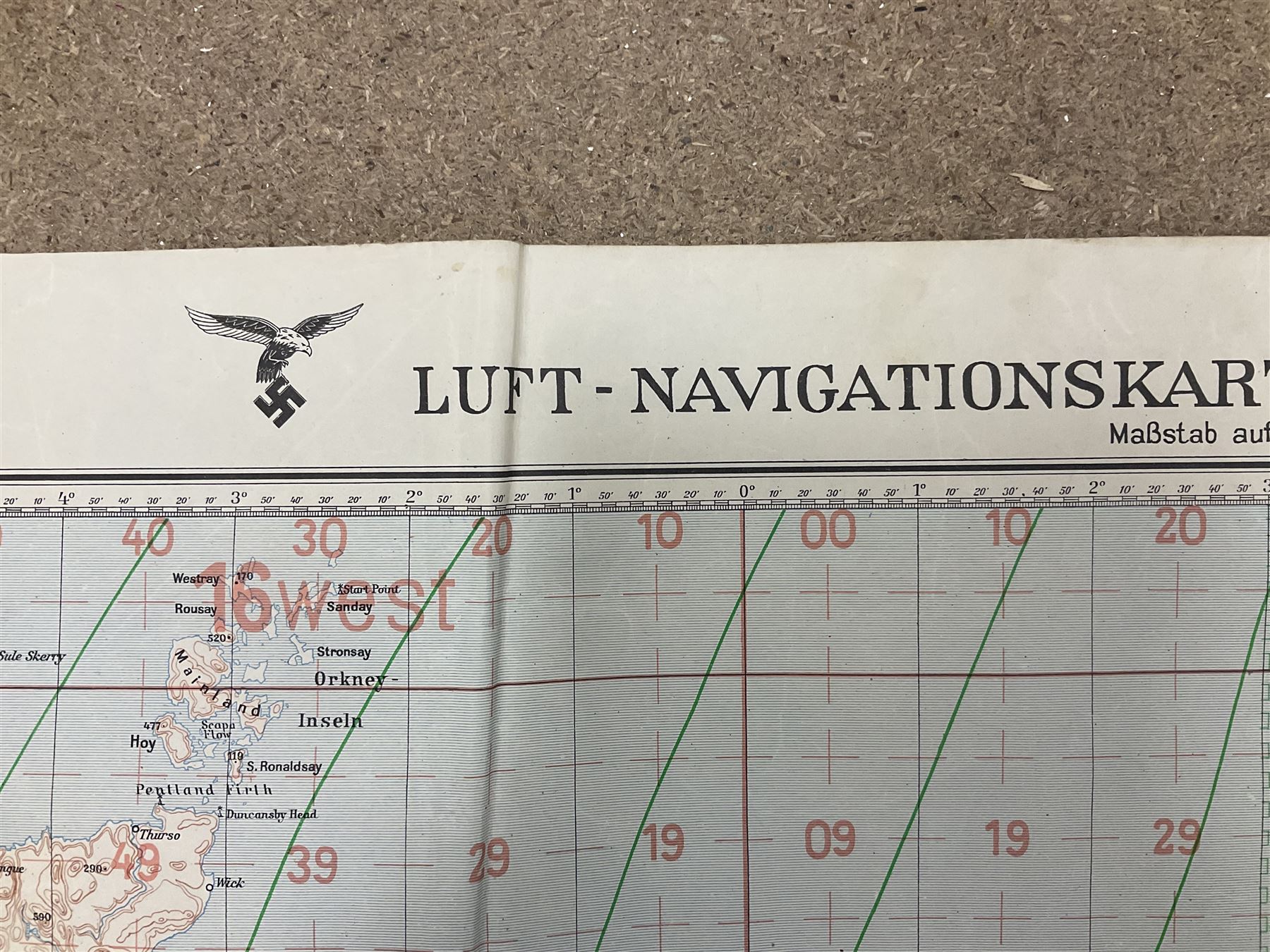 WWII German navigation map, Luft-Navigationskarte in Merkatorprojektion, of England, France, Netherlands, Denmark, H110cm, W74cm 