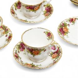 Royal Albert Old Country Roses tea and dinner service comprising four dinner plates, four dessert plates, four soup bowls, six cups, seven saucers, twelve side plates, tea pot, supper plate with mug and saucer dish