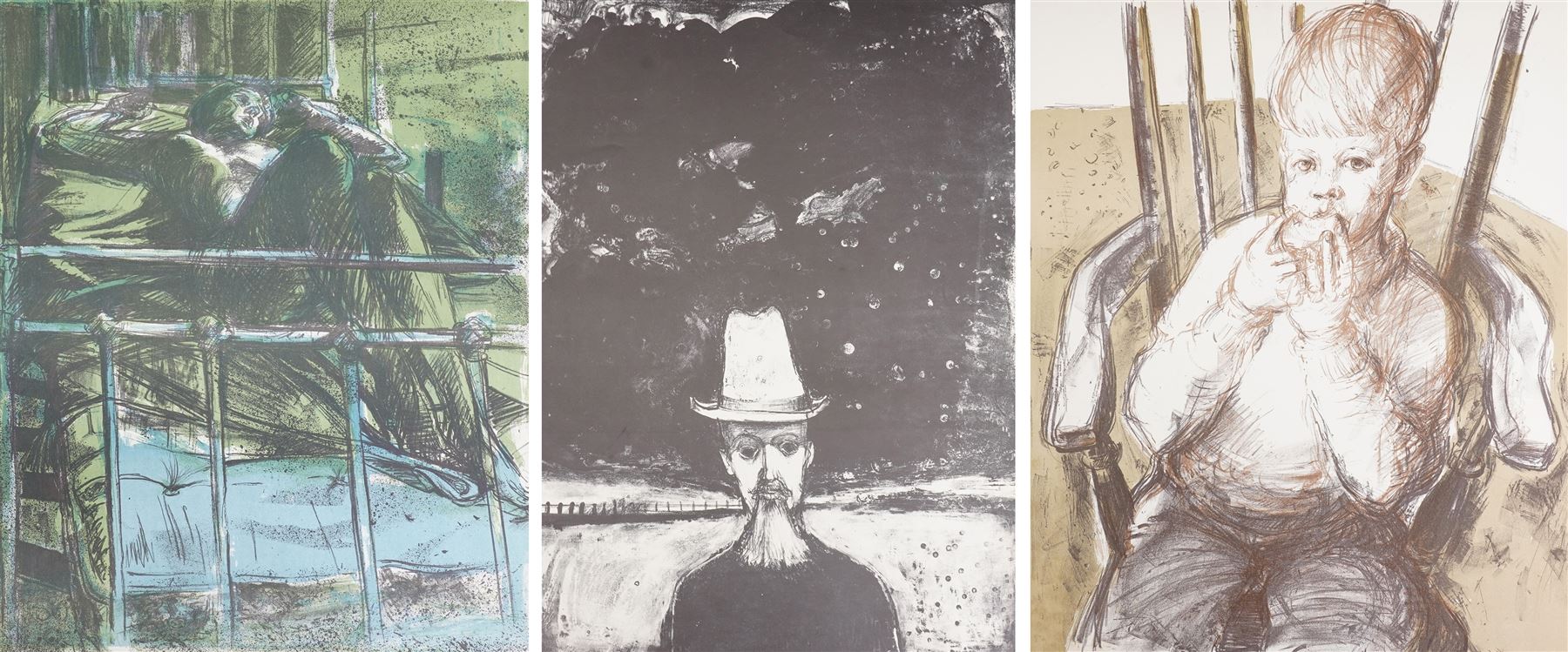 John Gilbey Bowles (British 1929-2011): 'Portrait of a Boy' 'Nude' and Man Wearing a Hat, set of two colour lithographs with one monochrome unsigned 64cm x 46cm (3) (unframed)
Notes: the boy and nude were exhibited at the Victoria & Albert museum, with the former being acquired for the permanent collection