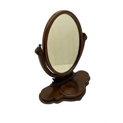 Victorian mahogany dressing table mirror, the oval plate with scroll terminating supports, on shaped base with hinged trinket compartment, H78.5cm L66cm