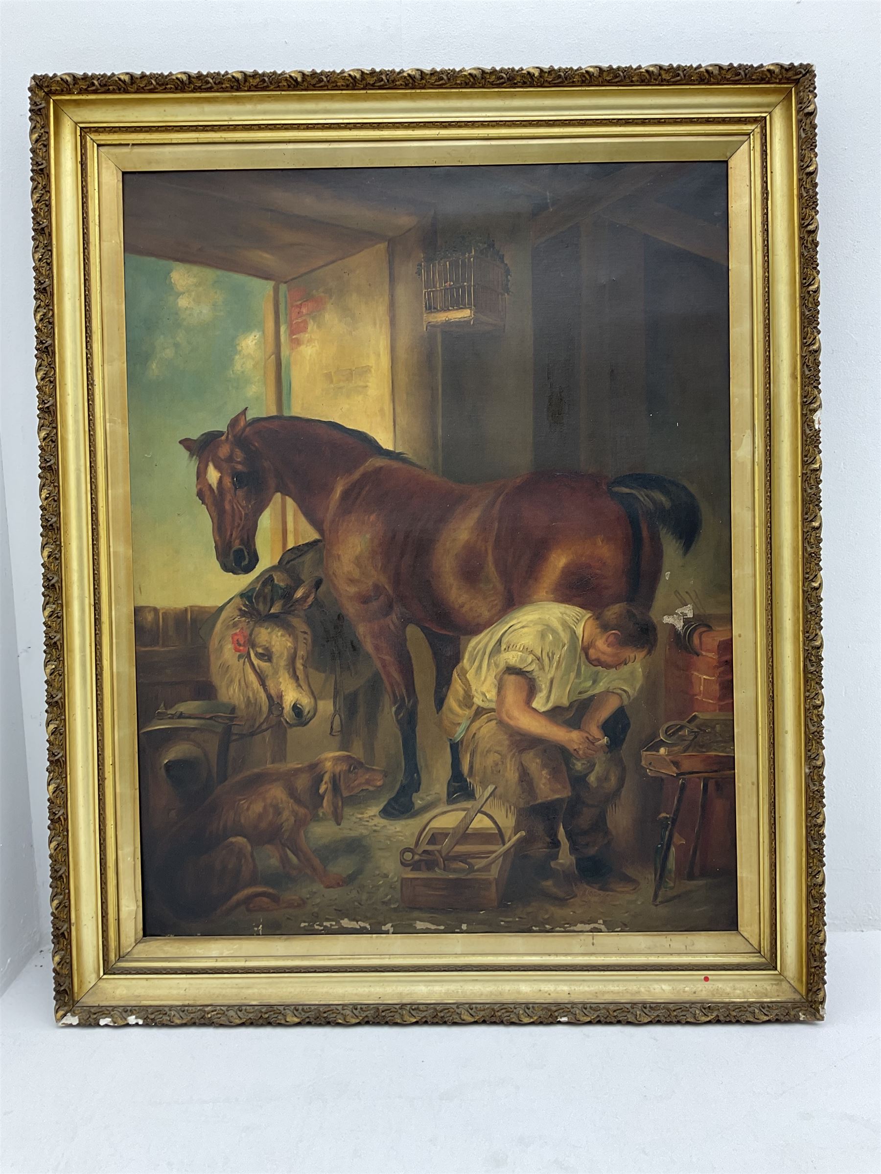 Dora C Swinden after Sir Edwin Landseer (British 1802-1873): 'Shoeing', large oil on canvas, signed and dated 1905 verso 118cm x 92cm