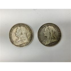 Two Victorian silver Crowns, 1896 and 1898, approximate weight 56 grams