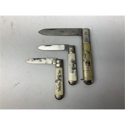 Thirty-four  pocket knives including advertising, single and multiple blade folding knives, Richards of Sheffield examples etc