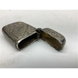 Silver vesta case of rounded rectangular form, with foliate engraved decoration, hallmarked Rolason Brothers Chester 1900, L4cm, together with two further silver plated vesta cases with similar decoration, (3)
