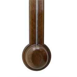 Comitti-20th century mercury stick barometer in an 18th century style mahogany case with satinwood stringing, with a broken pediment, brass finial and round base, silvered register with recording vernier, weather predictions and a centigrade/Fahrenheit spirit thermometer enclosed within a glazed door, visible tube with a bulb cistern and turned mahogany cover.
Mercury clean and present with no air locks.