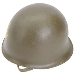 Indochine period, French 1st Legion M47 steel helmet, with 1st legion insignia painted to the front, with inner webbing and leather chin strap 