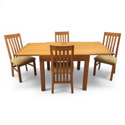 Contemporary square light oak extending dining table, and set of four chairs, table extends to 180cm