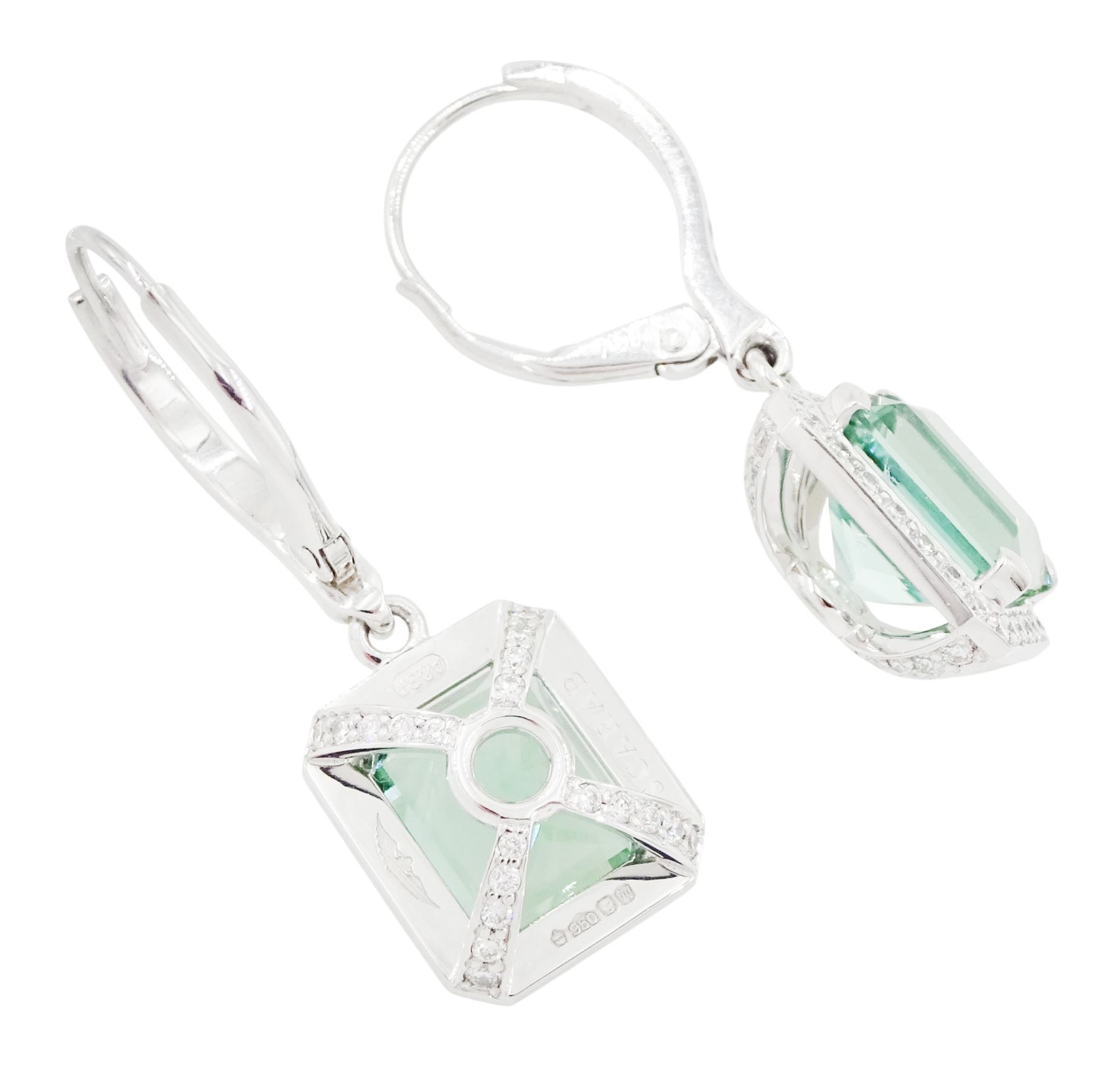 Pair of platinum African Paraiba tourmaline and diamond earrings by Scarab London, each pendant set with a modified octagonal cut tourmaline, surrounded by round brilliant cut diamonds and diamond set bail, London 2022, total tourmaline weight approx 6.12 carat, total diamond weight approx 0.74 carat, with Alan Poultney Gems report