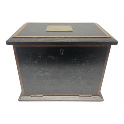 19th century ebonised table top stationary cabinet with fitted interior and key, H20cm