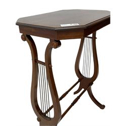 Edwardian inlaid mahogany stretcher table on lyre supports (A/F)
