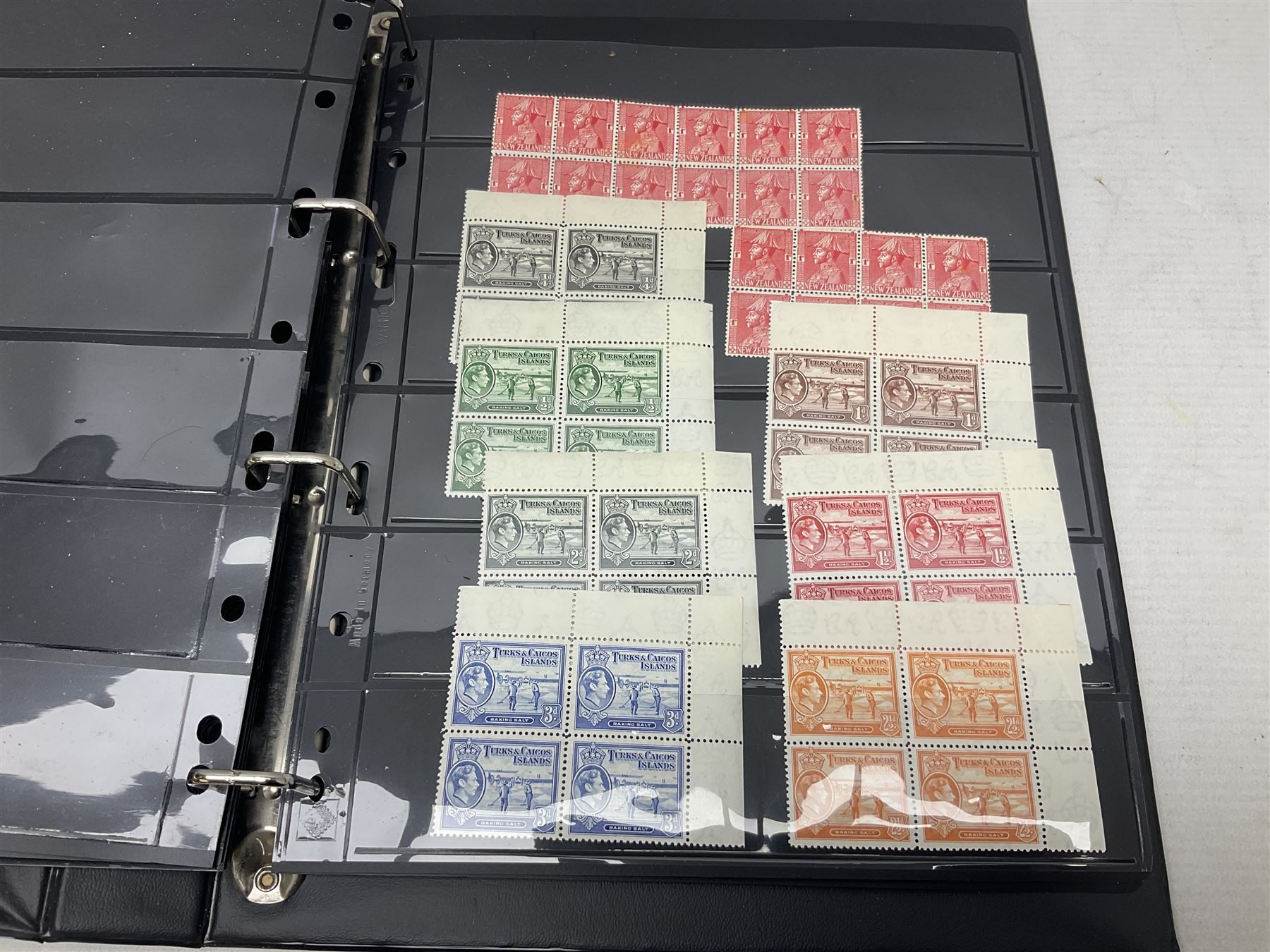 Stamps including various King George VI 12th May 1937 coronation, various 8th June 1946 Victory, various 1923-1948 Silver Wedding, Turks and Caicos Islands 'Raking Salt' mint marginal blocks of four etc, housed in two ring binder folders