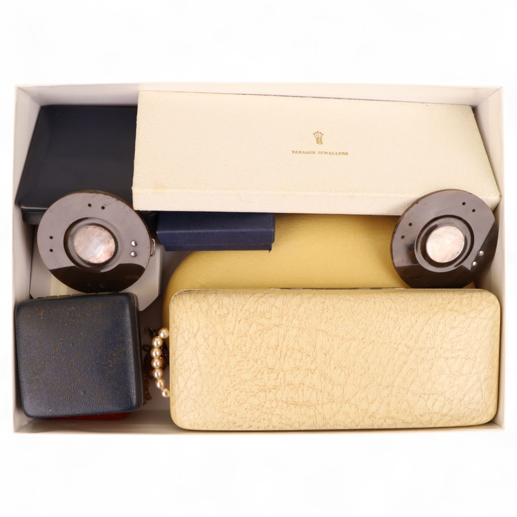 9ct gold stone set brooch front and chain, two silver marcasite brooches and a collection of costume jewellery