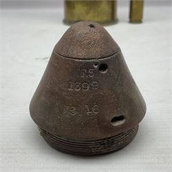 WWI trench art 13-pound anti-aircraft brass shell case engraved Alexandra Princess of Wales, Yorkshire Regiment, bears marks for Royal Ordnance Factory Woolwich 1917 H29cm; WWI British shell fuse dated June 1916; and WWII 20mm brass cannon shell dated 1941 (3)
