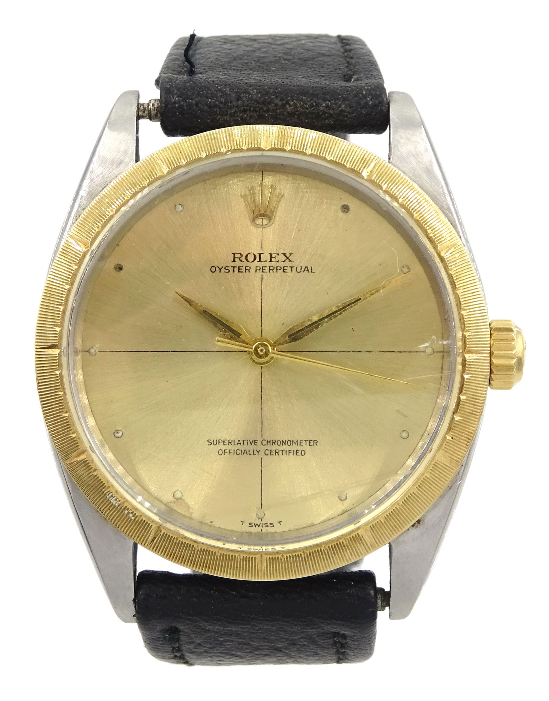 Rolex Oyster Perpetual Superlative Chronometer wristwatch, 18ct bezel and stainless steel case, model No. 1008 serial No. 1451957, on black leather strap