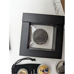 Commemorative coins, sets and part sets, including The London Mint Office '1951 to 1981 The Great Britain Five Shilling Crown Collection', 'The Coins of Britannia's Last Century', Queen Victoria 1844 half farthing, various five pound coins etc