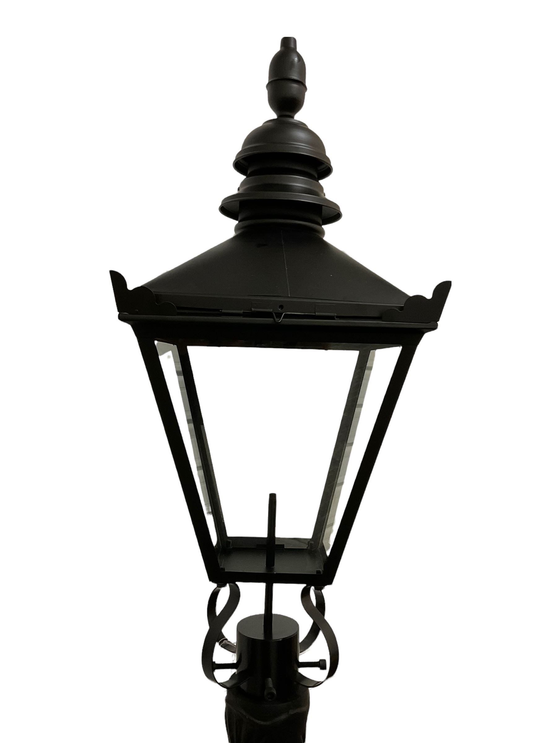 Victorian style cast iron street lamp, fluted column with hexagonal base, four glass lantern top