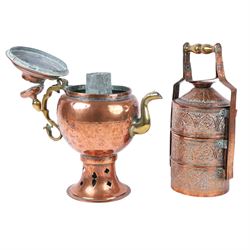Collection of metalware including two metal chargers, three tier tiffin box etc