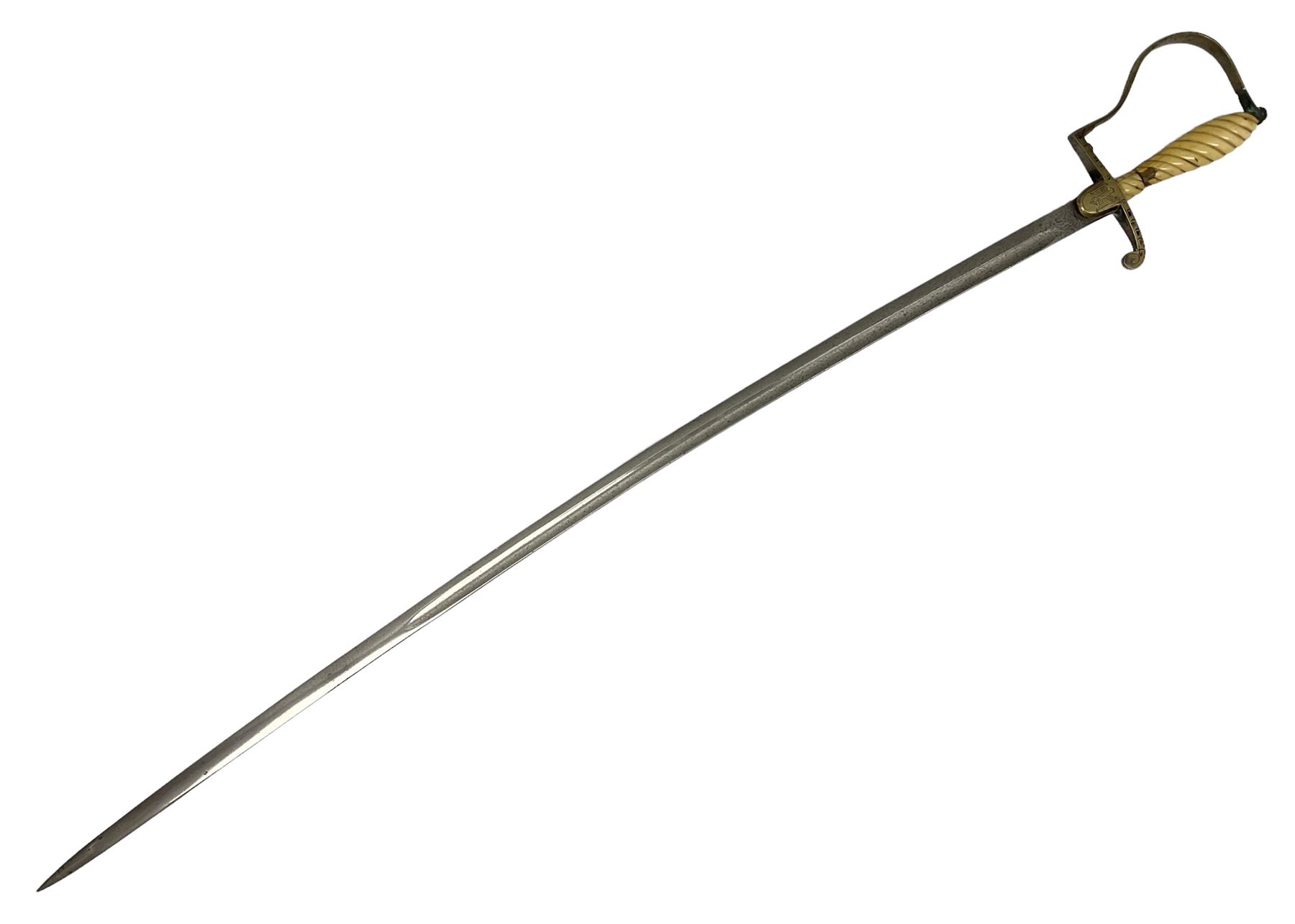 1900-1918 German Imperial NCO sabre with WW2 modifications of Wehrmacht insignia to the langet, 79cm slightly curving fullered blade and brass hilt, the knucklebow chased with oak leaves and acorns L90.5cm overall
This item has been registered for sale under Section 10 of the APHA Ivory Act 