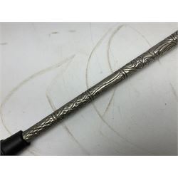 Reproduction non-firing flintlock pistol with brass skull crusher butt, the lock-plate inscribed 'Tower' and 'GR' L40cm; Sabre Japan Original Bowie Knife in sheath; and Indian embossed nickel two-piece walking cane (3)