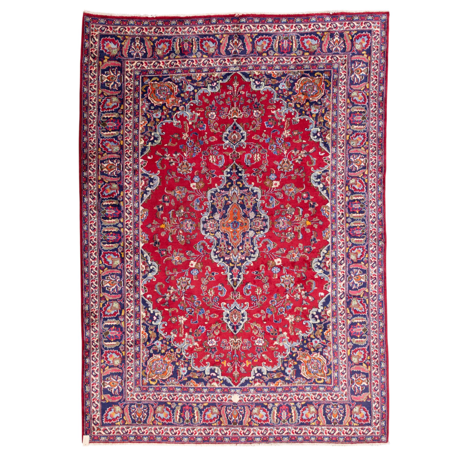 North East Persian Mesued hand-knotted carpet, deep red field with a finely drawn central elongated medallion of navy and ivory, issuing delicate scrolling vines, palmettes and floral sprays in a dense all-over composition, main border on dark ground decorated with a continuous palmette and vine scroll, flanked by multiple narrow guard stripes incorporating rosettes and stylized floral devices, with cotton fringe ends 