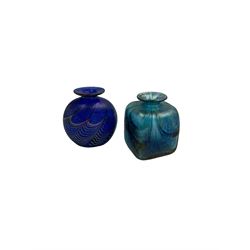 Robert Held glass vase, decorated with iridescent threads and pulls over a blue ground, together with glass vase of squat square form, tallest H10cm, both with original boxes 
