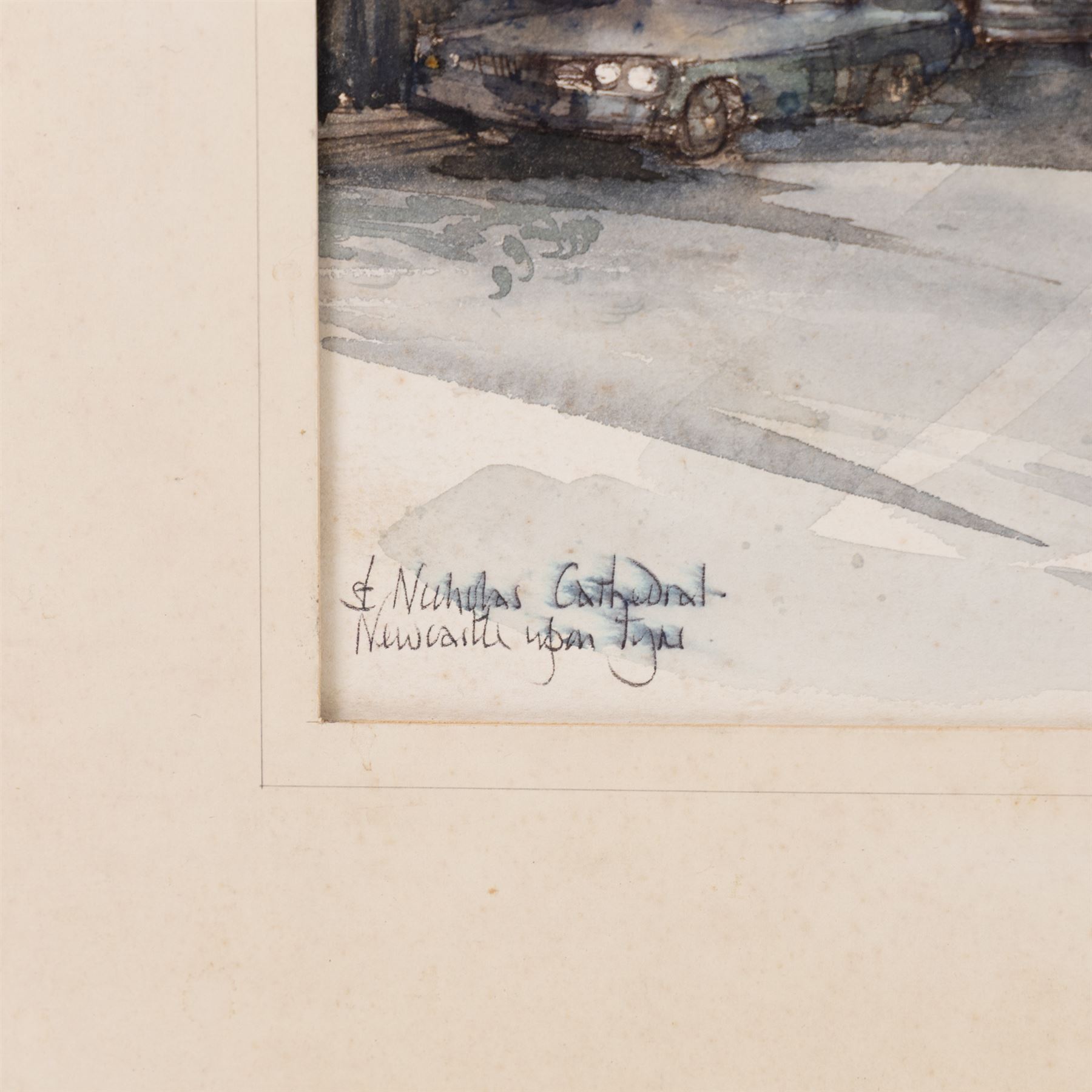 Harold Wharfe (Yorkshire 1916-1999): 'St Nicholas Cathedral - Newcastle upon Tyne', watercolour heightened with white signed titled and dated 1980 below the mount 43cm x 28cm (unframed)