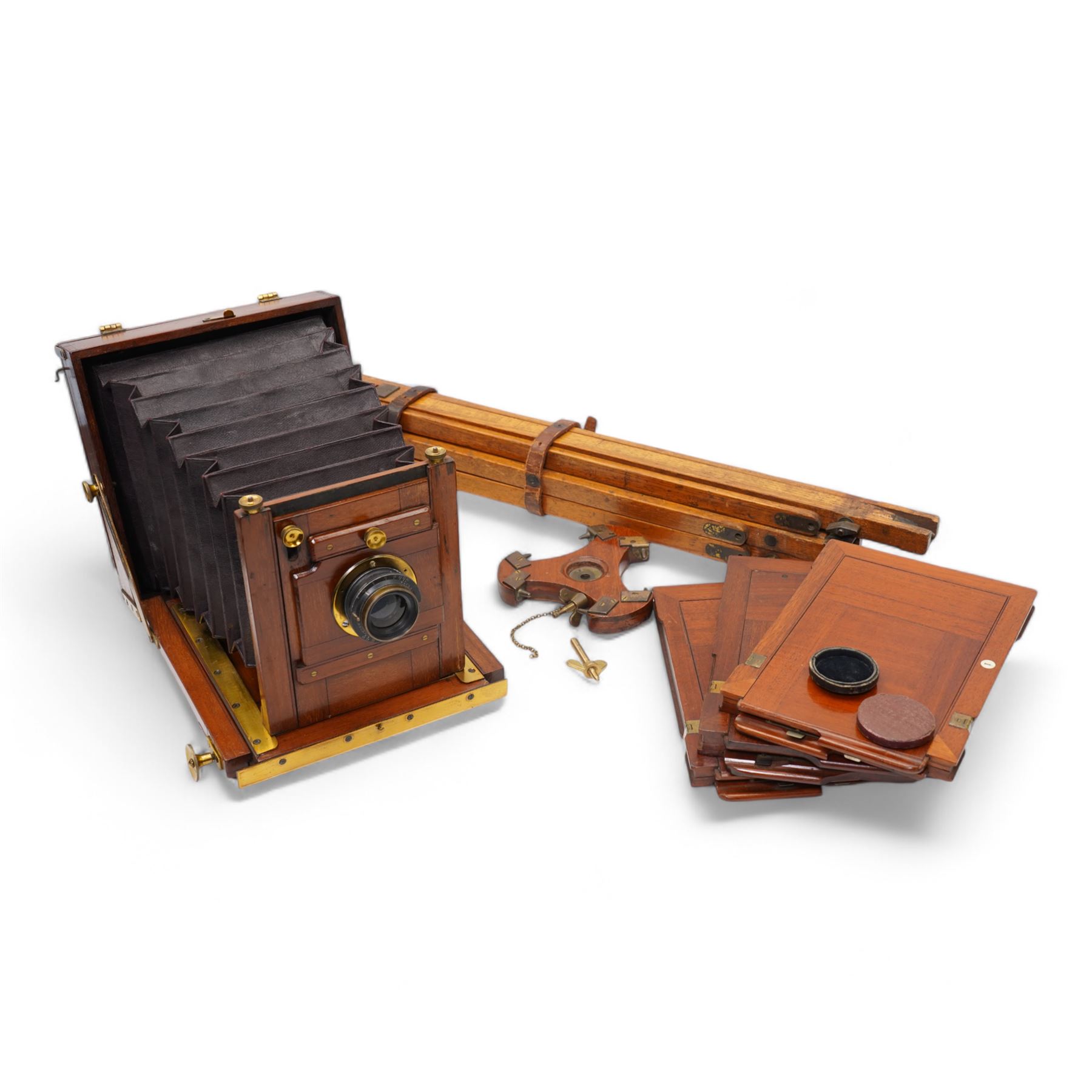 Victorian mahogany and brass bound cabinet card plate camera, with Ross (Zeiss Patent) lens, with three mahogany plate holders,  and an early 20th century oak tripod. This item has been registered for sale under Section 10 of the APHA Ivory Act
