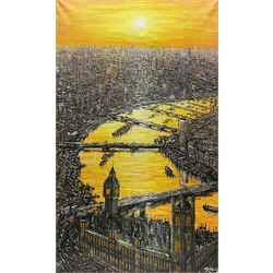 Alvaro Rodriguez (Spanish Contemporary): Aerial View of the Thames at London, impasto oil on canvas signed, artist's address card verso 76cm x 46cm