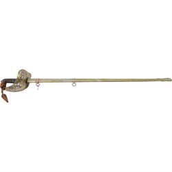 George V British infantry officers sword, made by Rob Mole & Sons Birmingham, the 82cm etched blade with makers mark 'Robert Mole & Sons Makers to the The War & India Offices', with brass inset proof mark, numbered M6855 on spine, the full guard with pierced scrolling decoration and George V cypher, shagreen covered grip with silver wires, with leather sword knot attached, in steel scabbard with suspension rings, overall L100cm