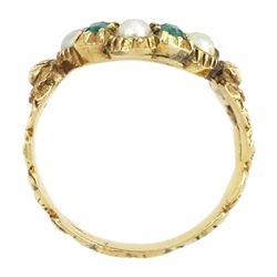 Georgian gold emerald and pearl mourning ring, the glazed central panel containing locket of hair, with emerald and split pearl surround, the shoulders and shank with foliate decoration, the underside of the head inscribed 'James Newcomb died 24 Jan 1820 aged 53 ys'