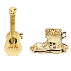 Two gold pendants / charms including 17ct guitar and a 9ct articulated lady in a shoe, London 1964