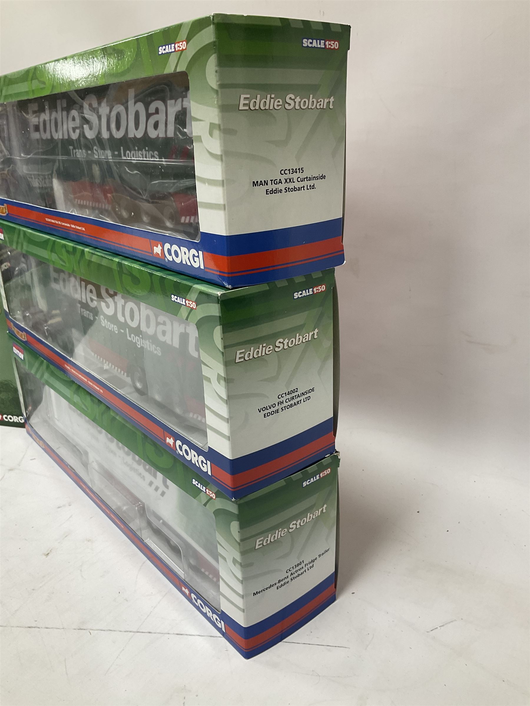 Corgi Eddie Stobart - five limited edition heavy haulage vehicles comprising CC12203 Scania Low Loader; CC12936 Scania Topline Curtainside Trailer; CC13801 Mercedes-Benz Actros Fridge Trailer; CC13415 MAN TGA XXL Curtainside; and CC14002 Volvo FH Curtainside; all boxed (5)