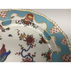 19th century Royal Crown Derby in cherry tree pattern, twin handled sauce dish and saucer and twin handled dish, together with three Royal Crown Derby plates, including one signed WEJ Dean