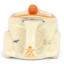 Sadler Art Deco teapot, modelled as a racing car with printed designs in the manner of Mabel Lucie Attwell, H10cm, L23cm