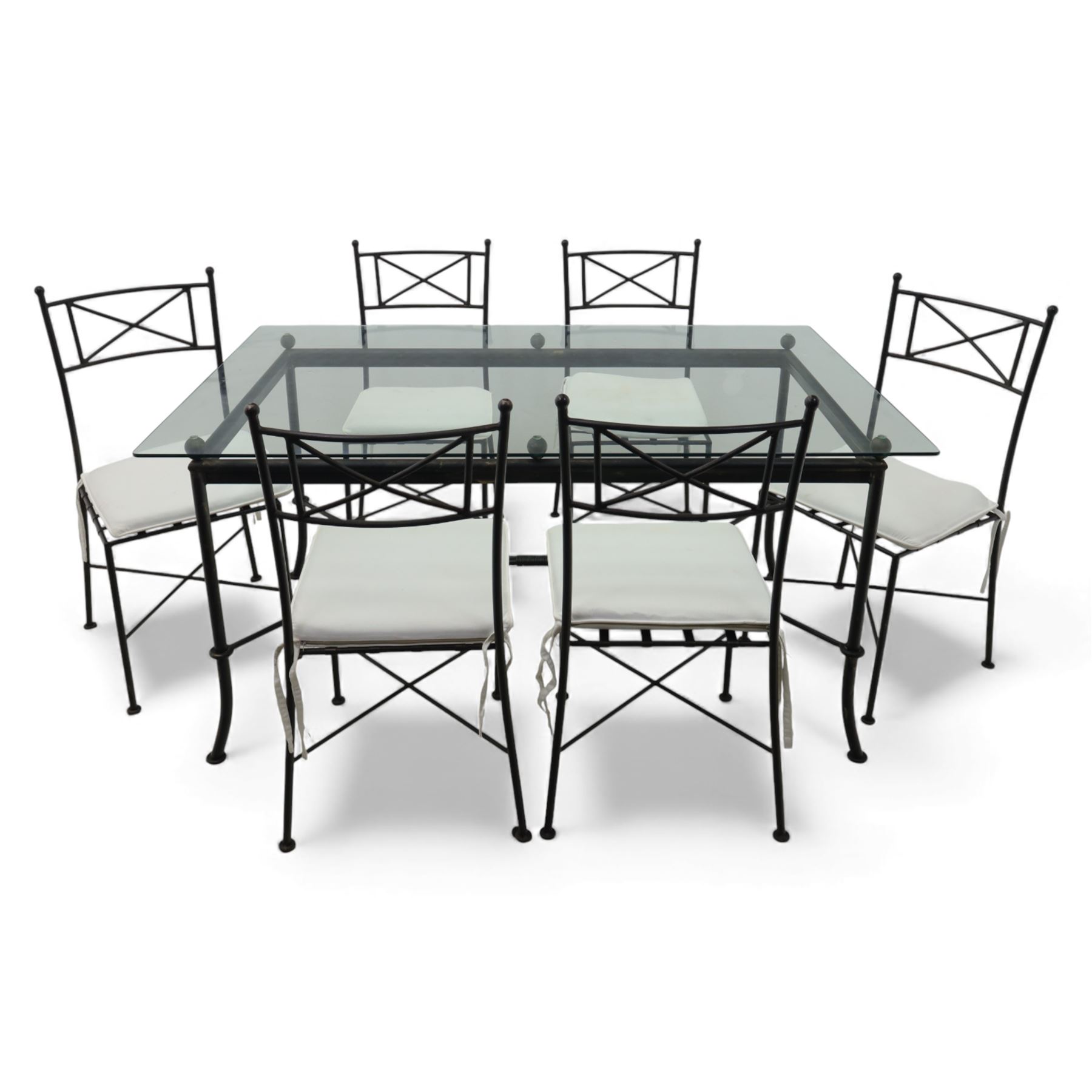 Modern metal and glass conservatory suite, comprising rectangular dining table with clear glass top and six matching metal framed chairs with upholstered seats, together with a matching glass topped coffee table
(Chairs H 92cm, W 42cm, Coffee table H 45cm, W 60cm)