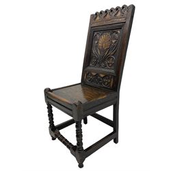 Pair 17th century carved oak and fruitwood inlaid hall chairs, the pierced cresting rail over panelled back carved with scrolled foliate and flower head, boarded seat on turned supports joined by stretchers, dated 1629