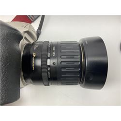 Canon EOS 50e camera body, serial no 8305671 with 'Canon Zoom EF 35-135mm 1:4-5.6' lens together with Halina 35X super camera body, with 'Halina Anastigmat f.c. 1:3.5 f=45mm' lens and other camera equipment 