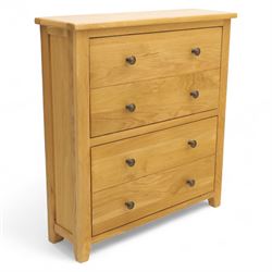 Modern oak effect shoe cabinet, plain rectangular top over two fall-front drawers with met...