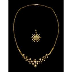 Edwardian 15ct gold split seed pearl necklace, the central heart suspending a detachable 18ct gold star pendant/brooch, to a floral link front, on a belcher link chain, in silk and velvet lined box by J. W. Benson, London