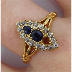 Victorian 18ct gold sapphire and diamond marquise shaped ring, Birmingham 1899