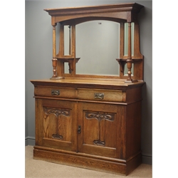  Arts & Crafts oak sideboard, projecting cornice, bevel edged mirrors, turned side supports, above two ogee front drawers, two panelled cupboard doors with foliate carvings on base plinth, W122cm, H180cm, D55cm  