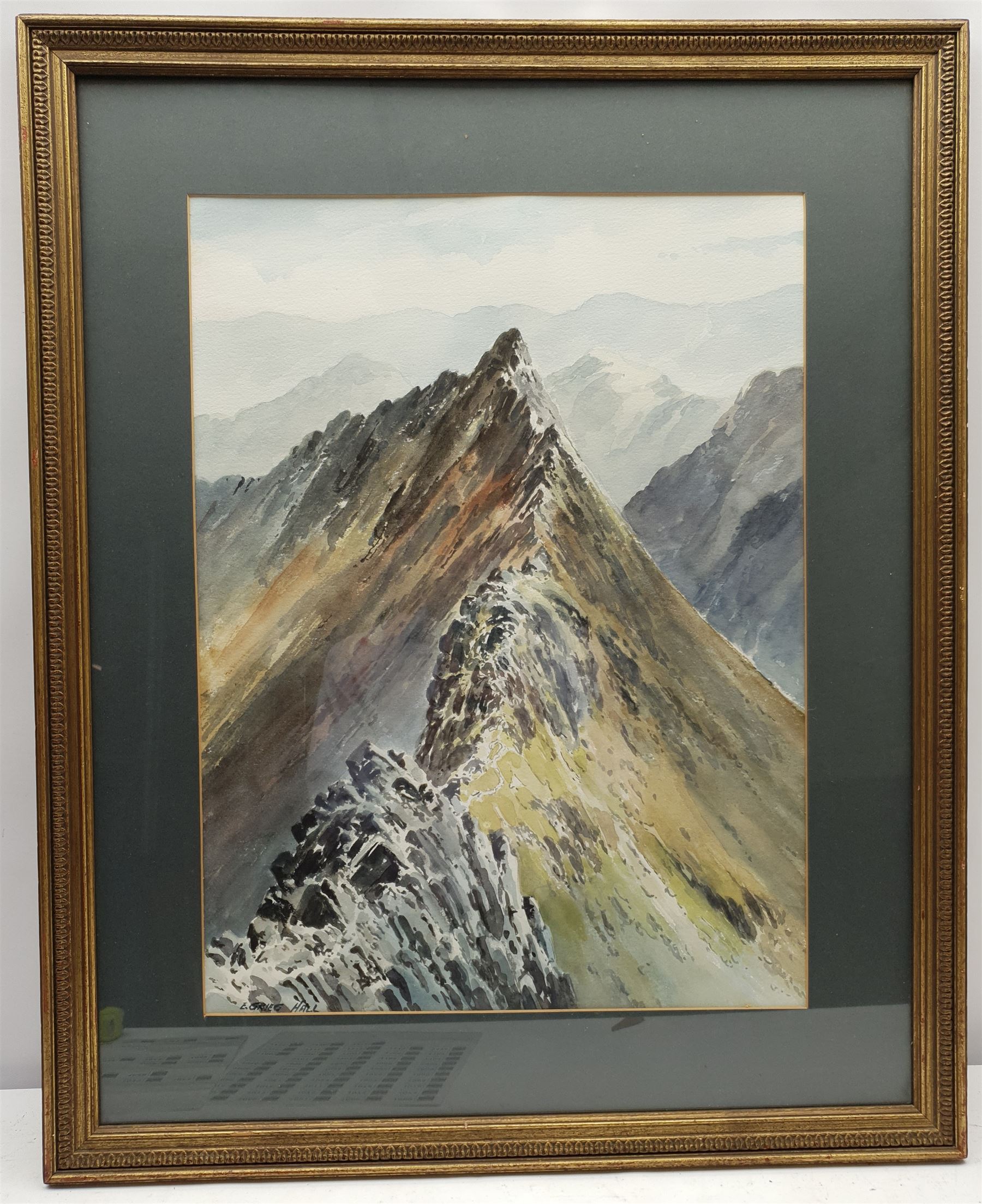 E Greig Hall (British 20th century): 'Striding Edge Helvellyn', watercolour signed, titled and dated '73 verso; 'Summer in Wharfedale' and Yorkshire Landscape, two watercolours signed E Shillito, max 49cm x 37cm (3)