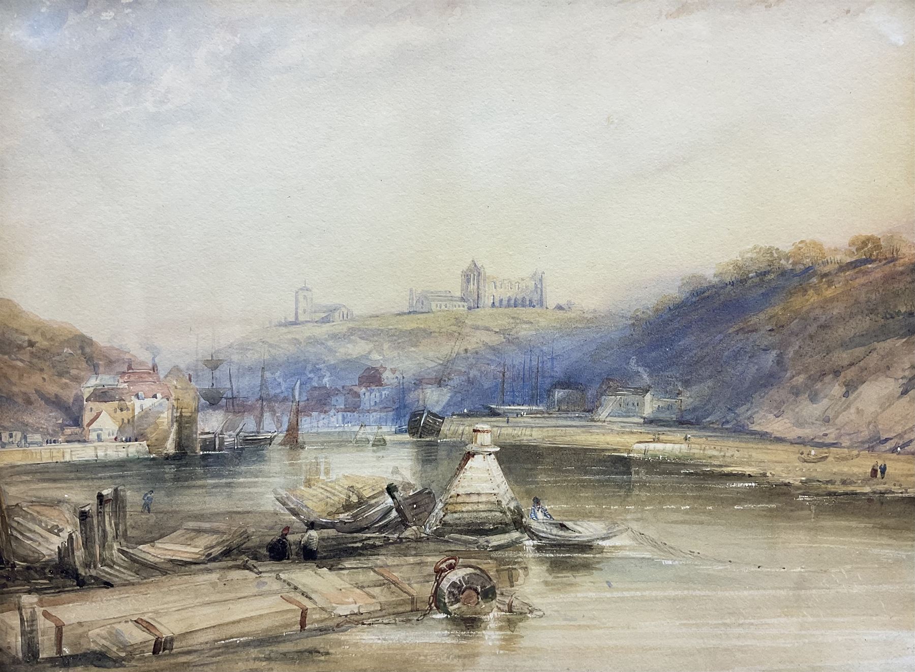 Henry Barlow Carter (British 1803-1867): Whitehall and the Upper Harbour at Whitby, watercolour with scratching out unsigned 25cm x 33cm