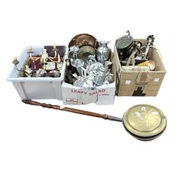 Silver plated three light candelabra, boxed gilded cutlery, copper dish, viners silver plated table lighters, brass bed pan and other metalware etc