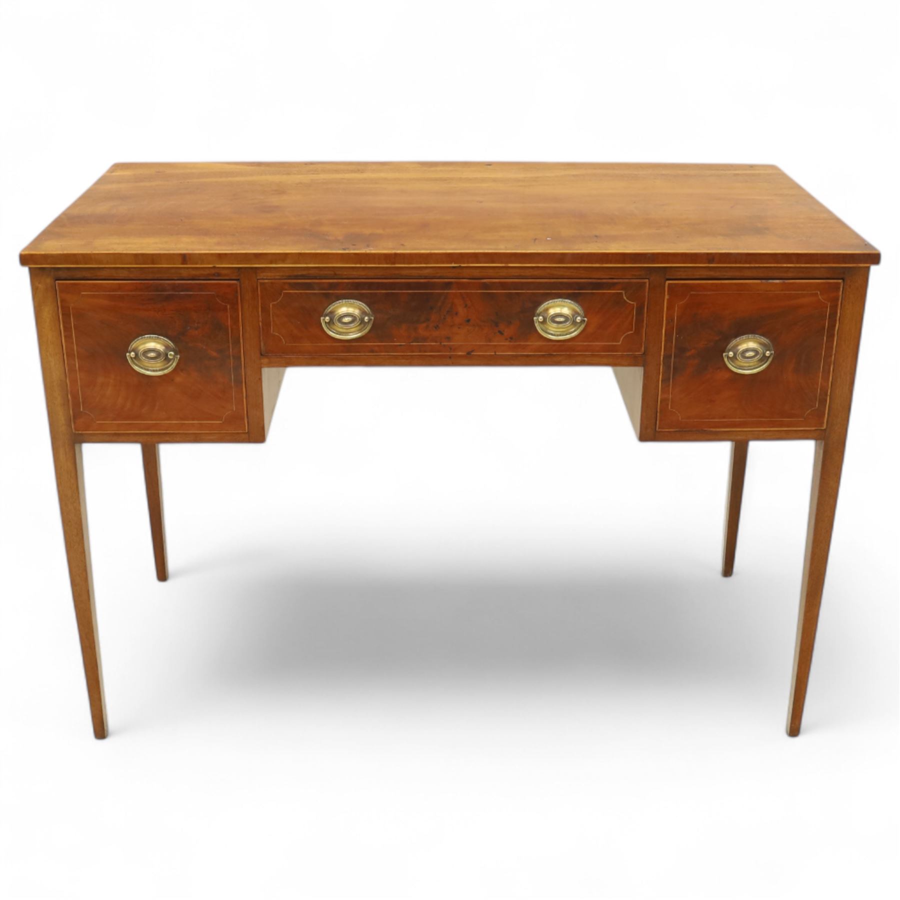 George III inlaid mahogany side table, rectangular top over three cockbeaded drawers with oval brass backplates and handles, on square tapering supports