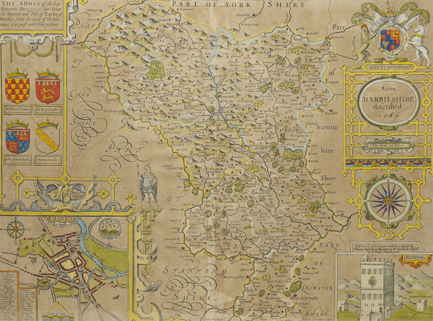 John Speed (British 1552-1629): 'Anno Darbieshire described', 17th century engraved map with hand-colouring of Derbyshire with inset plans of Derby and Buxton 42cm x 54cm