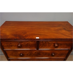  Victorian mahogany chest of two short and three long moulded drawers, figured drawer fronts, turned wooden handles on a skirted base, W123cm, H115cm, D53cm  